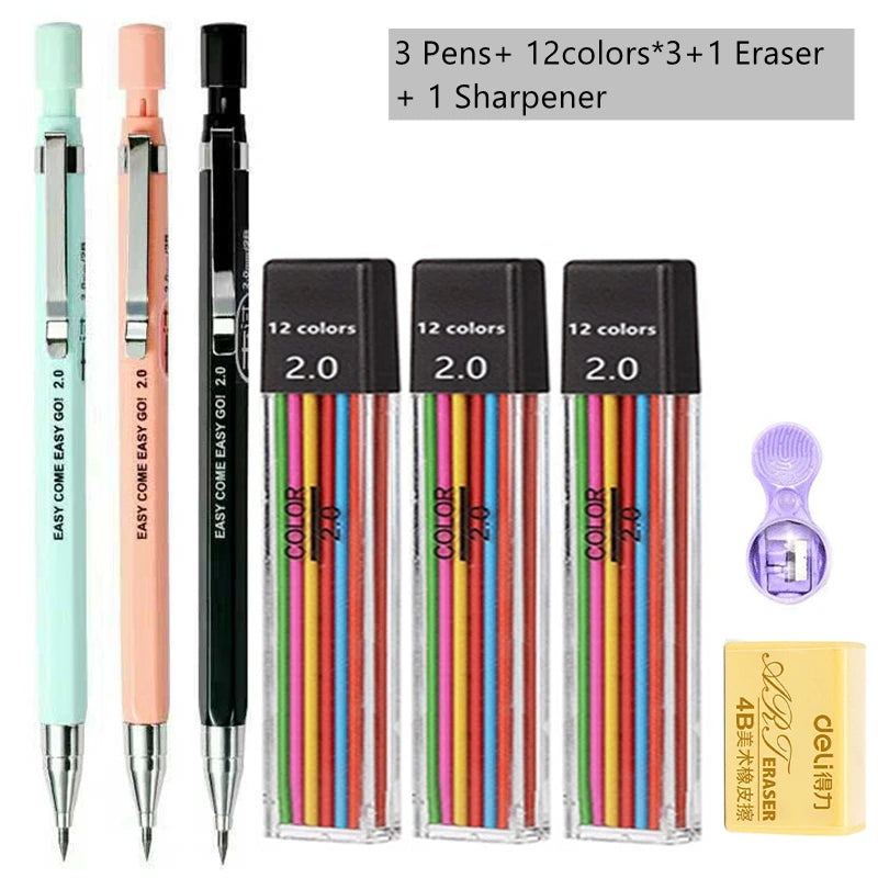 Mechanical Pencil Set 2.0 mm with 2B Black/Colors Lead Refill beunik