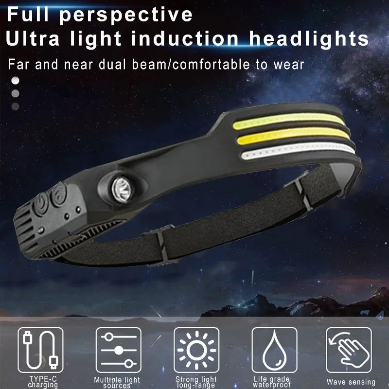 LED Sensor Head Lamp Built-in Battery Flashlight USB Rechargeable