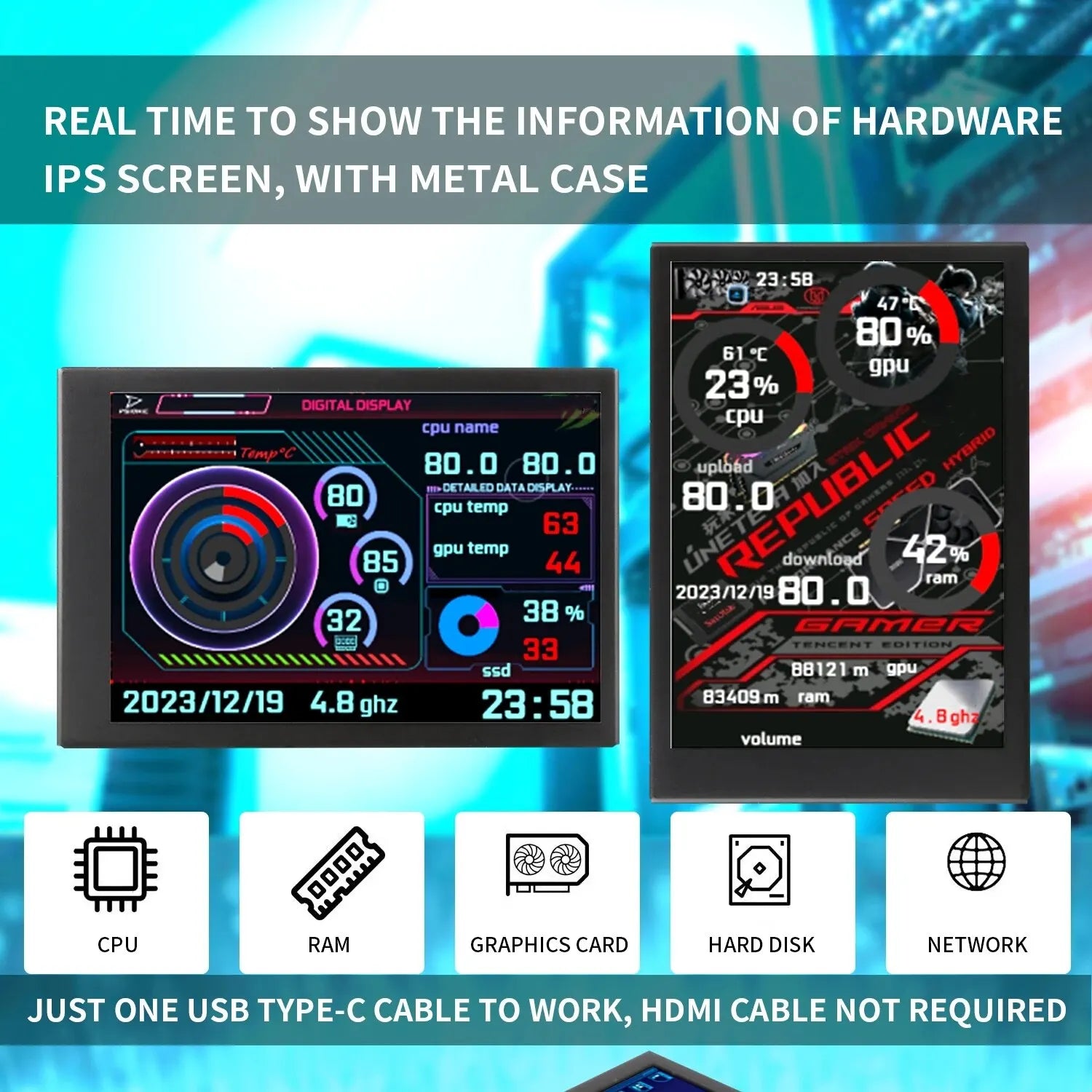 New 3.5 Inch IPS TYPE-C Secondary Screen Computer CPU GPU RAM HDD MonitorUSB Display beunik