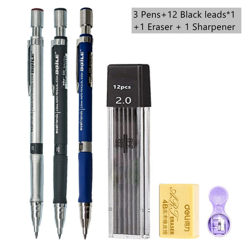 Mechanical Pencil Set 2.0 mm with 2B Black/Colors Lead Refill beunik