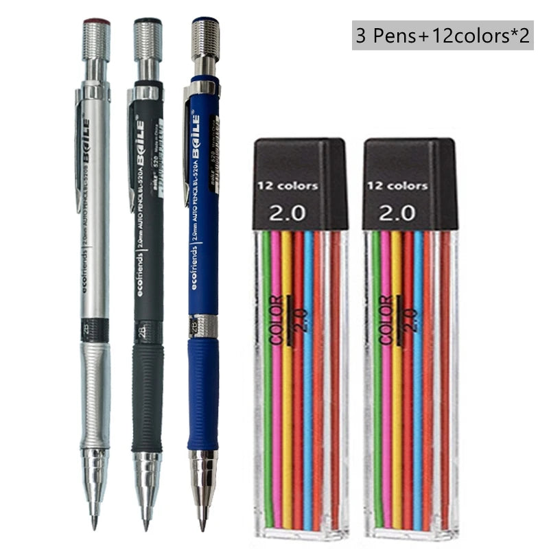 Mechanical Pencil Set 2.0 mm with 2B Black/Colors Lead Refill beunik