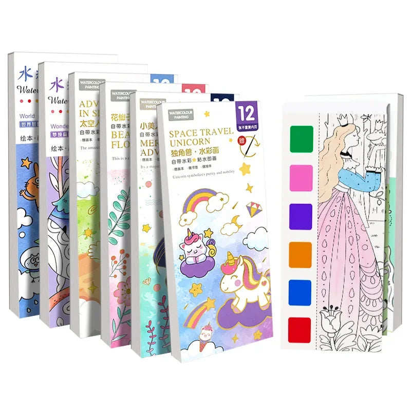 Portable Watercolor Painting Book 12 Sheets Coloring Book With Paint Brush beunik