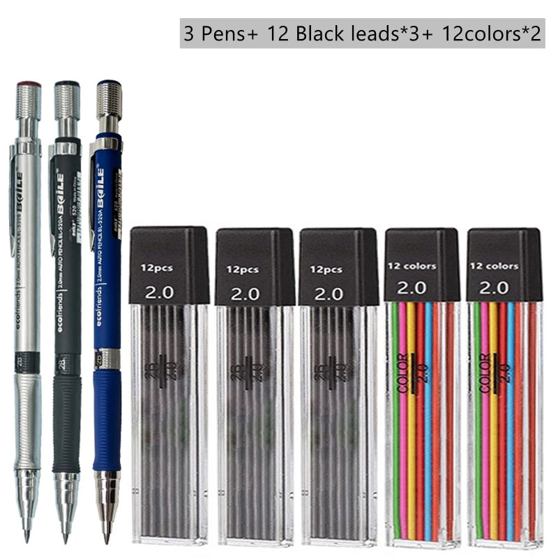 Mechanical Pencil Set 2.0 mm with 2B Black/Colors Lead Refill beunik