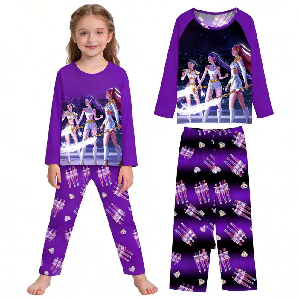 Kpop Long Sleeve Pyjama Set – 2 Piece Soft Cartoon Sleepwear (Ages 3–14)