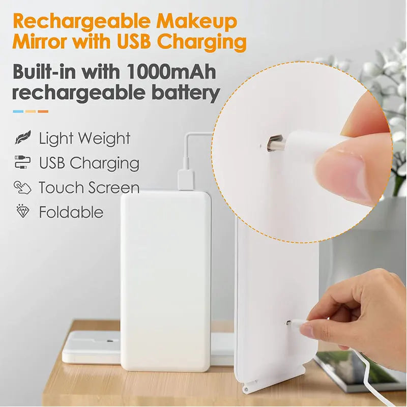 Portable Vanity Lamp Folding Cosmetic Mirror Touch Screen Makeup Mirror With LED Lamp USB Rechargeable beunik