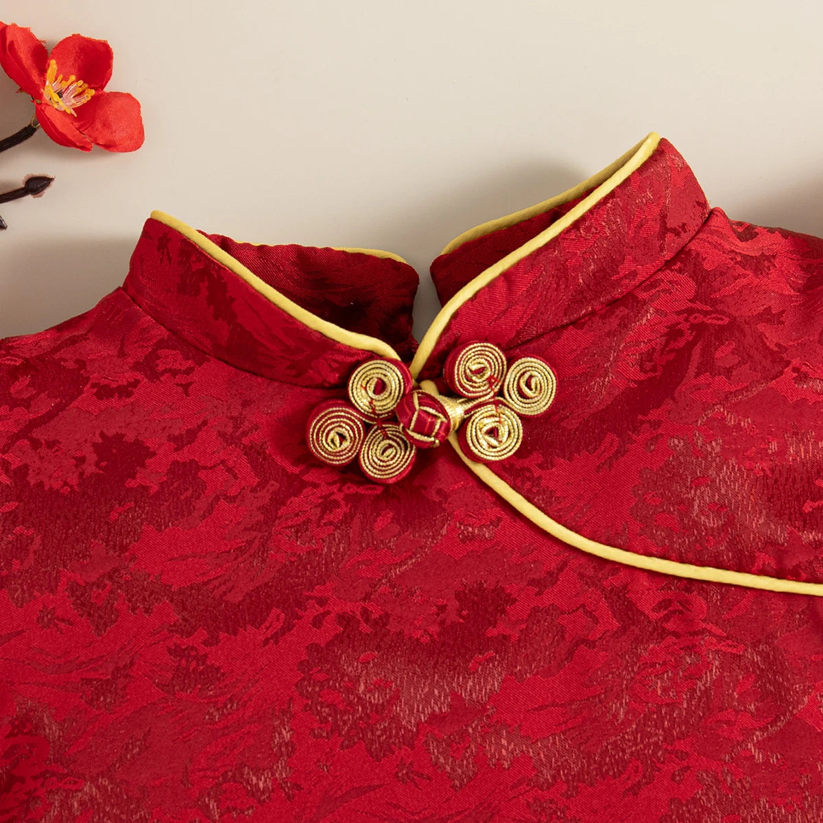 Baby Girl Qipao – Flower Jacquard Chinese‑Style Dress with Chinese Knot Pendant (9M - 3Y)