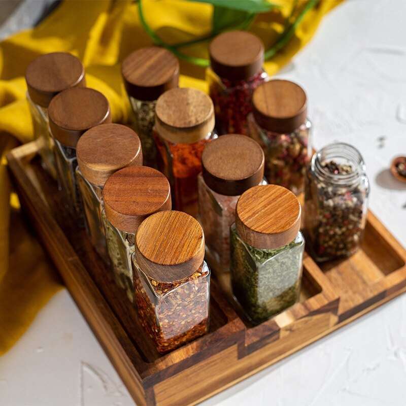 Acacia Wood Cover Square Glass Jars Kitchen Seasoning Bottles - beunik