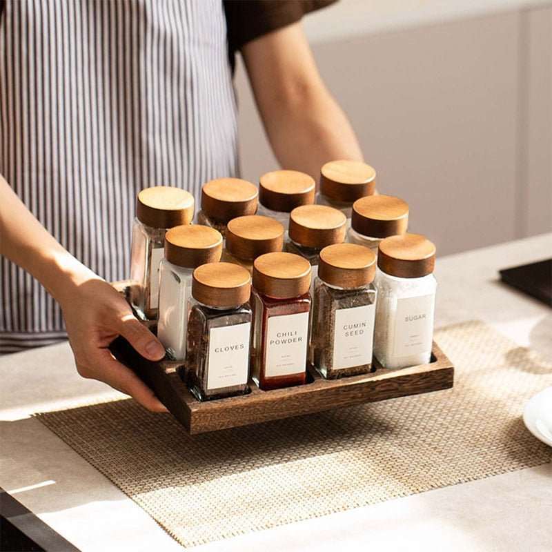 Acacia Wood Cover Square Glass Jars Kitchen Seasoning Bottles - beunik