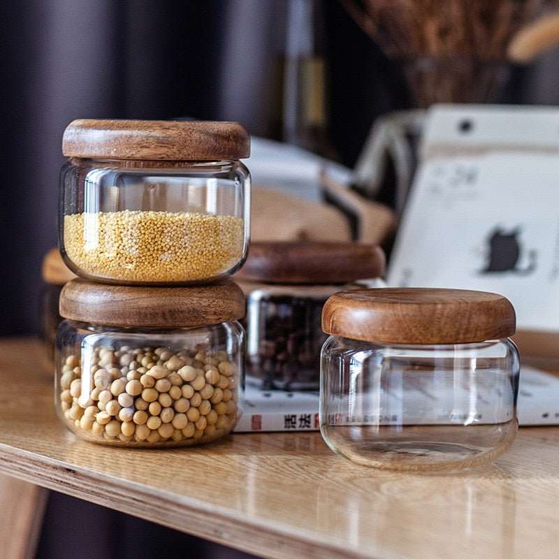 Acacia Wood Lid Clear Storage Glass Jars - beunik