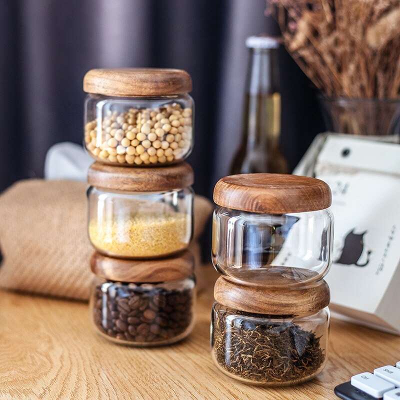 Acacia Wood Lid Clear Storage Glass Jars - beunik