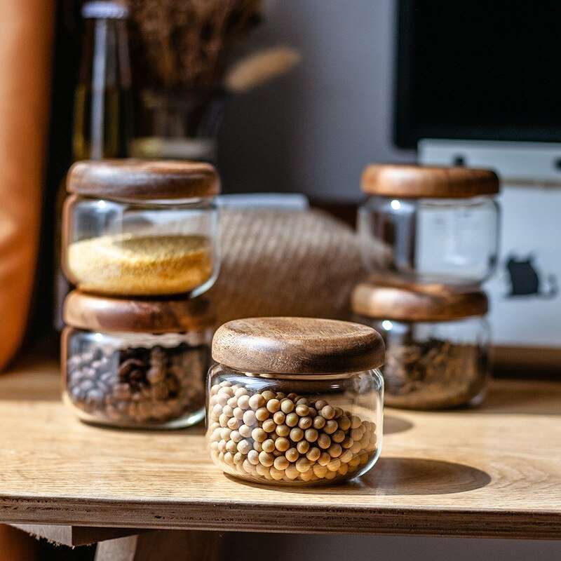 Acacia Wood Lid Clear Storage Glass Jars - beunik