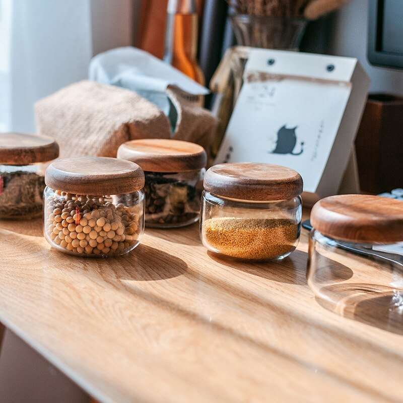 Acacia Wood Lid Clear Storage Glass Jars - beunik