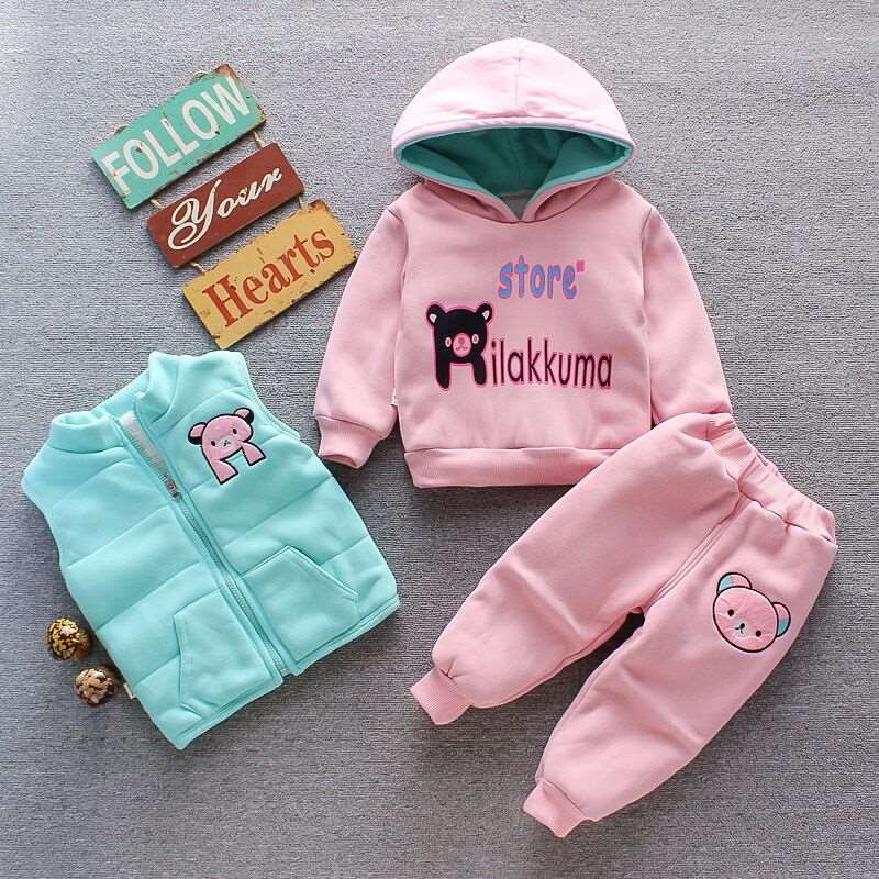 Autumn Winter Baby Boys Clothes Sets Thick Fleece Cartoon Bear Jacket Vest Pants 3Pcs - beunik