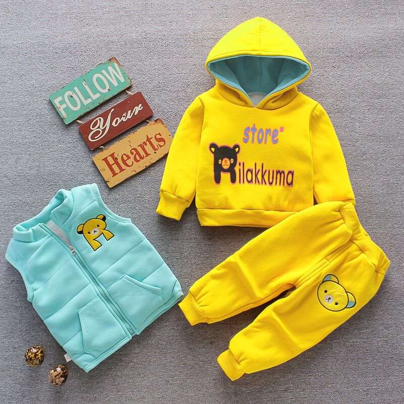 Autumn Winter Baby Boys Clothes Sets Thick Fleece Cartoon Bear Jacket Vest Pants 3Pcs - beunik