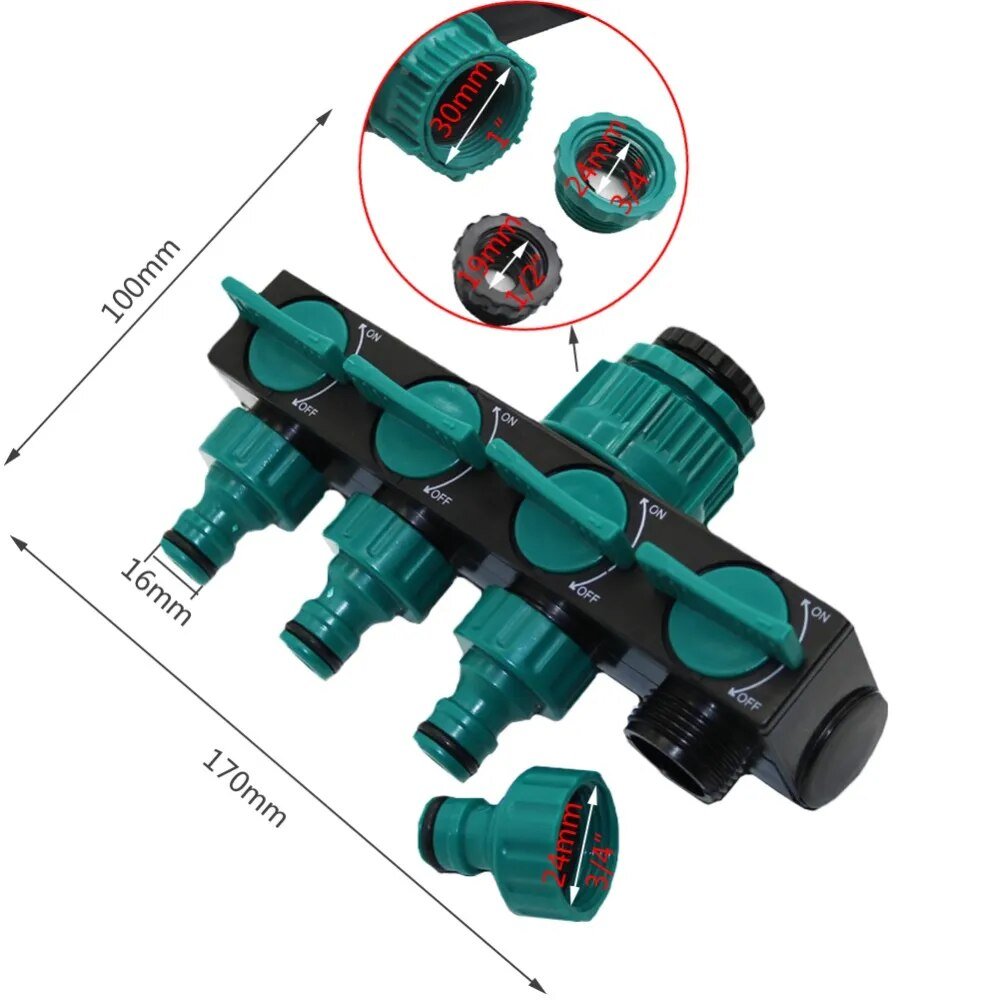 4-Way Water Irrigation Splitters 1" to 3/4" to 1/2" Thread - beunik