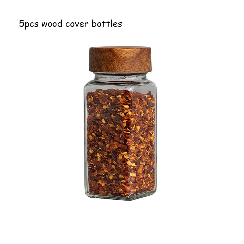 Acacia Wood Cover Square Glass Jars Kitchen Seasoning Bottles - beunik