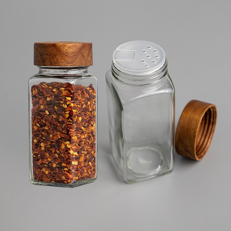 Acacia Wood Cover Square Glass Jars Kitchen Seasoning Bottles - beunik