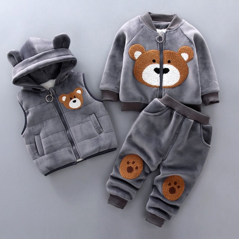 Autumn Winter Baby Boys Clothes Sets Thick Fleece Cartoon Bear Jacket Vest Pants 3Pcs - beunik