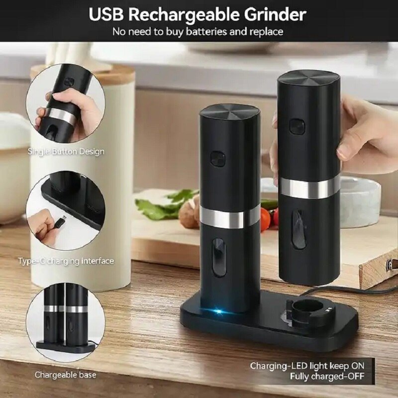 LED Automatic Rechargeable Mill Electric Salt and Pepper Grinder Set with Charging Base - beunik