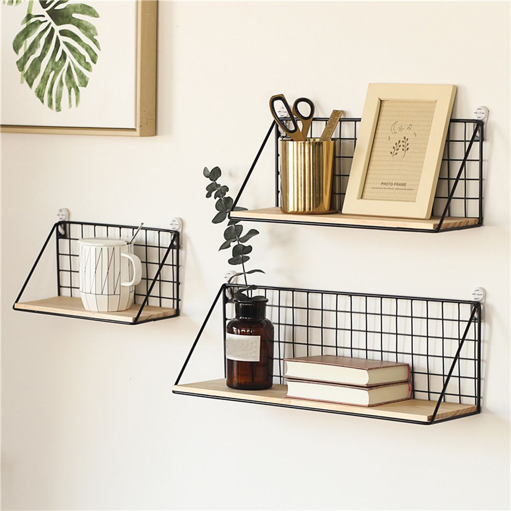 Wooden Iron Wall Shelf Wall Mounted Storage Rack - beunik